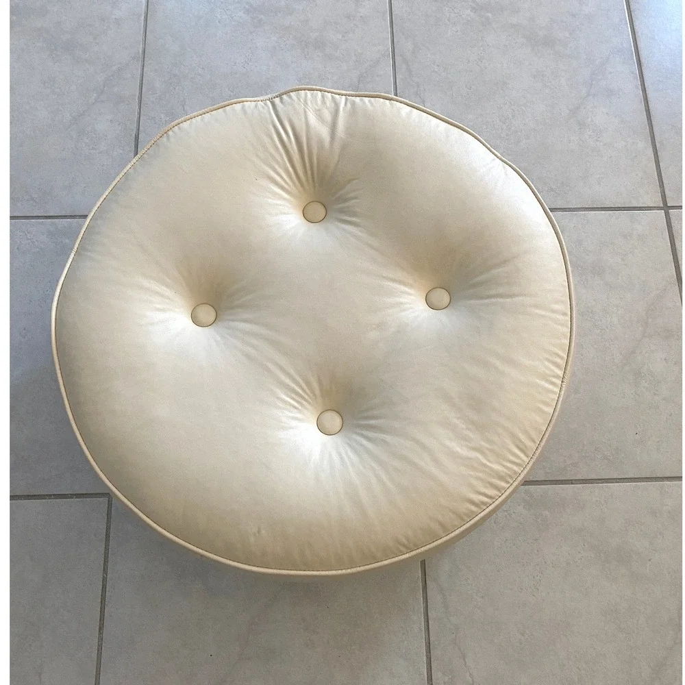 Vintage Round Cream Faux Leather Button Tufted Floor Cushion Ottoman 23.5in